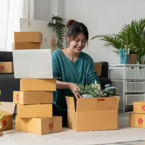 lady packing boxes after selling from home to make money