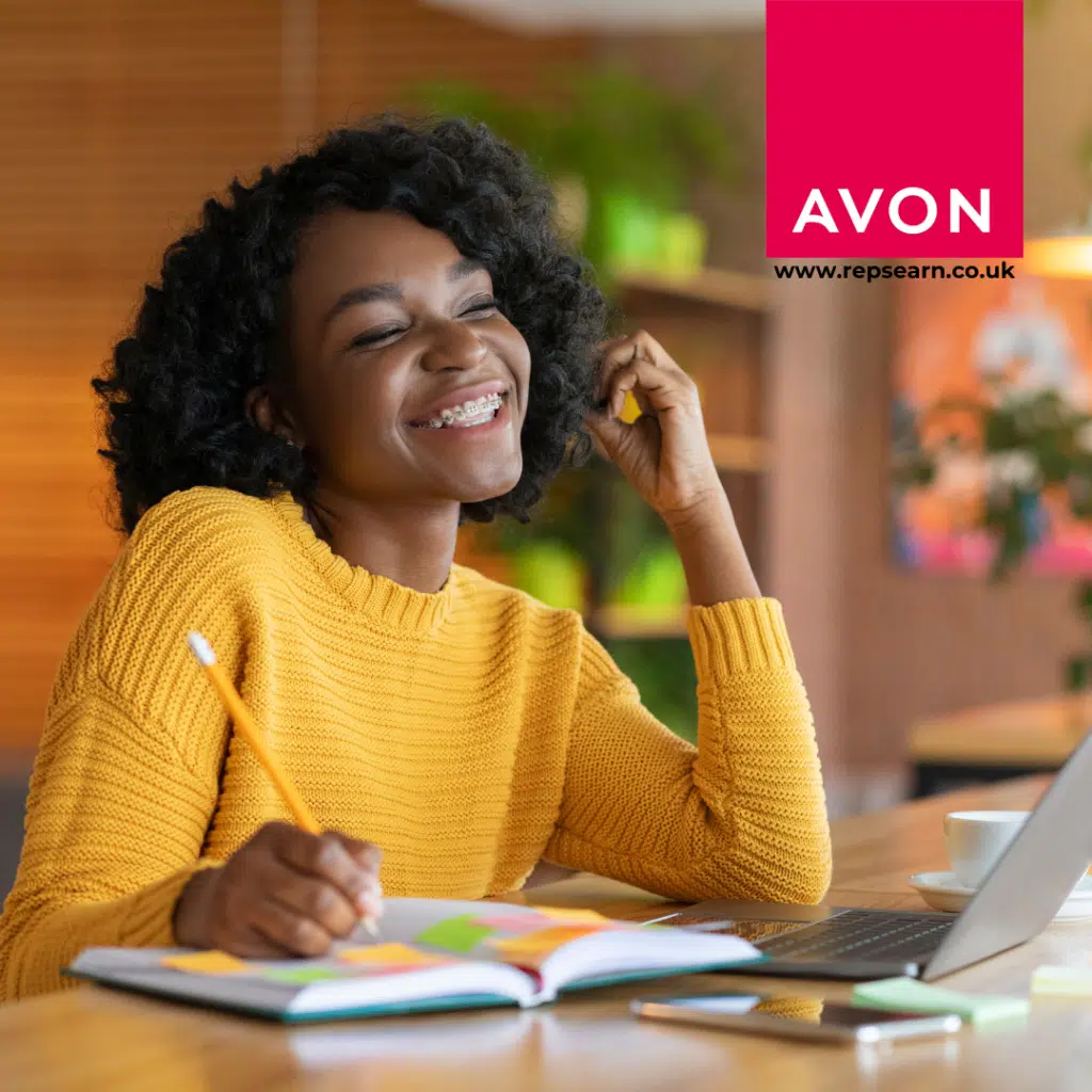Lady in bright clothing smiling and happy to be her own boss with the Avon and reps earn logo