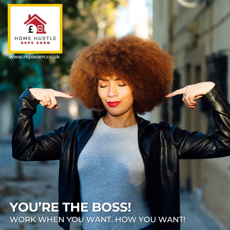 Lady pointing to herself and smiling with the caption you're the boss!